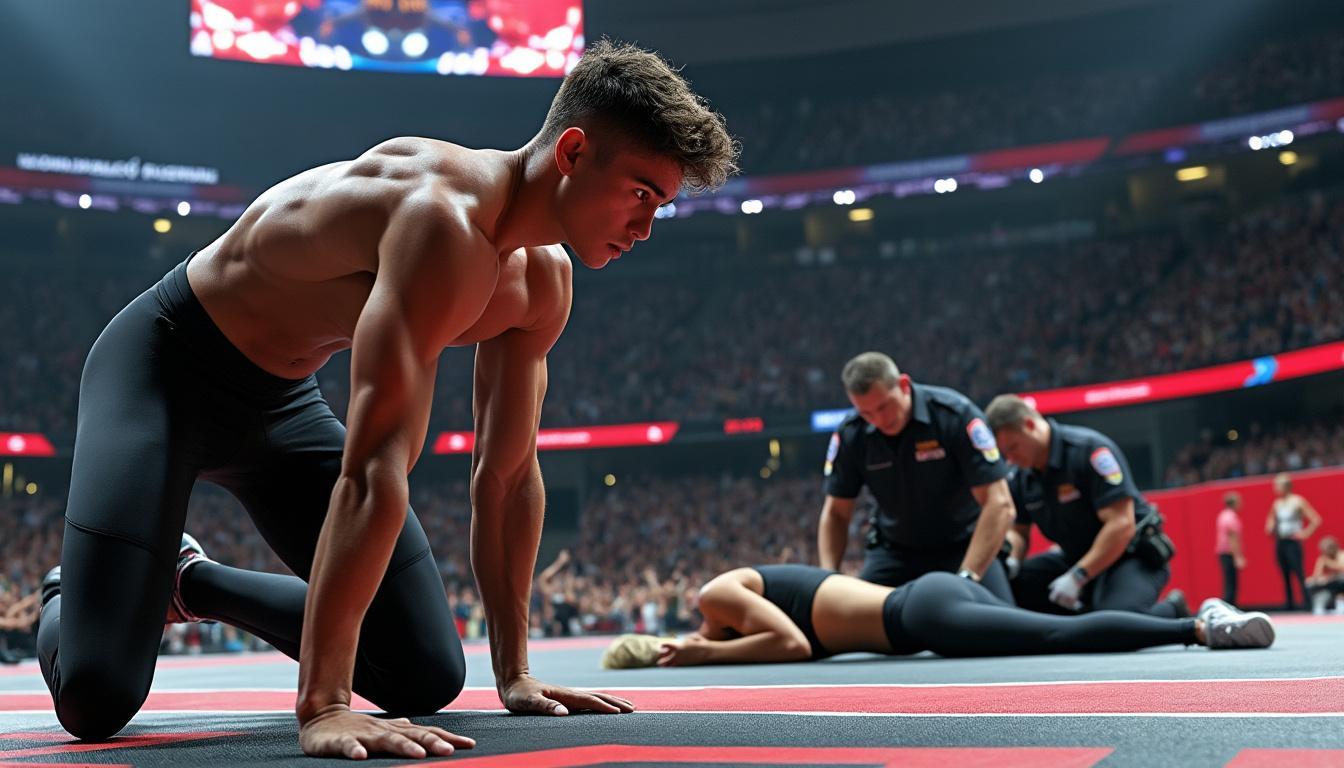 a boyfriend takes the stage at a fitness competition while paramedics rush to aid his unconscious girlfriend nearby. witness the drama unfold as onlookers react to this shocking scene, highlighting the complexities of loyalty and responsibility. 'what a piece of work' captures the unexpected twists of love and ambition.